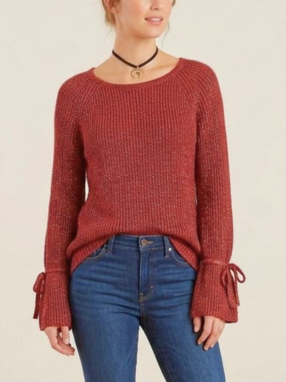 ANTHROPOLOGIE / MOTH Tanwen Bell Sleeve Sweater S Maroon Lurex Boho Chic